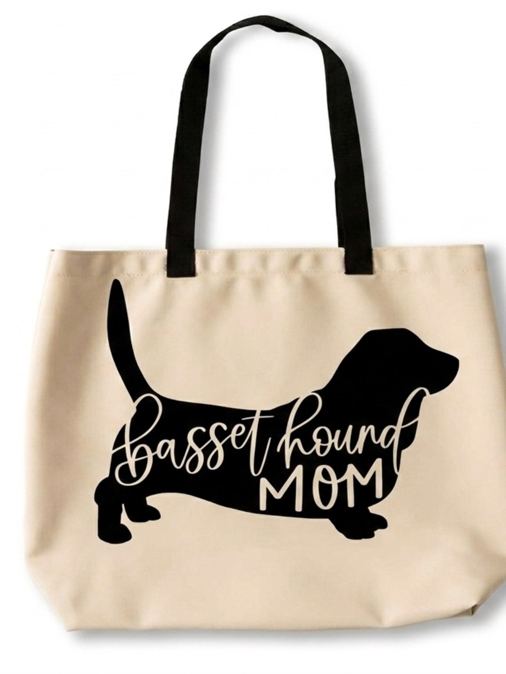 Basset Hound Mom Tote Bag - Black on Cream 19 in x 14 in